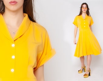 Yellow Secretary Dress 80s Sundress Shirtwaist Dress Collared Boho Vintage Day Dress 1980s Shirtdress Retro Summer Button Up Midi Gown M L