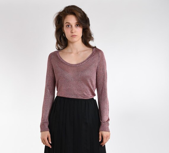Jil Sander, Jil Sander Sweater Vintage 90s Metallic Knit Top Lightweight Semi Sheer Designer Pullover Minimalist Long Sleeve S M