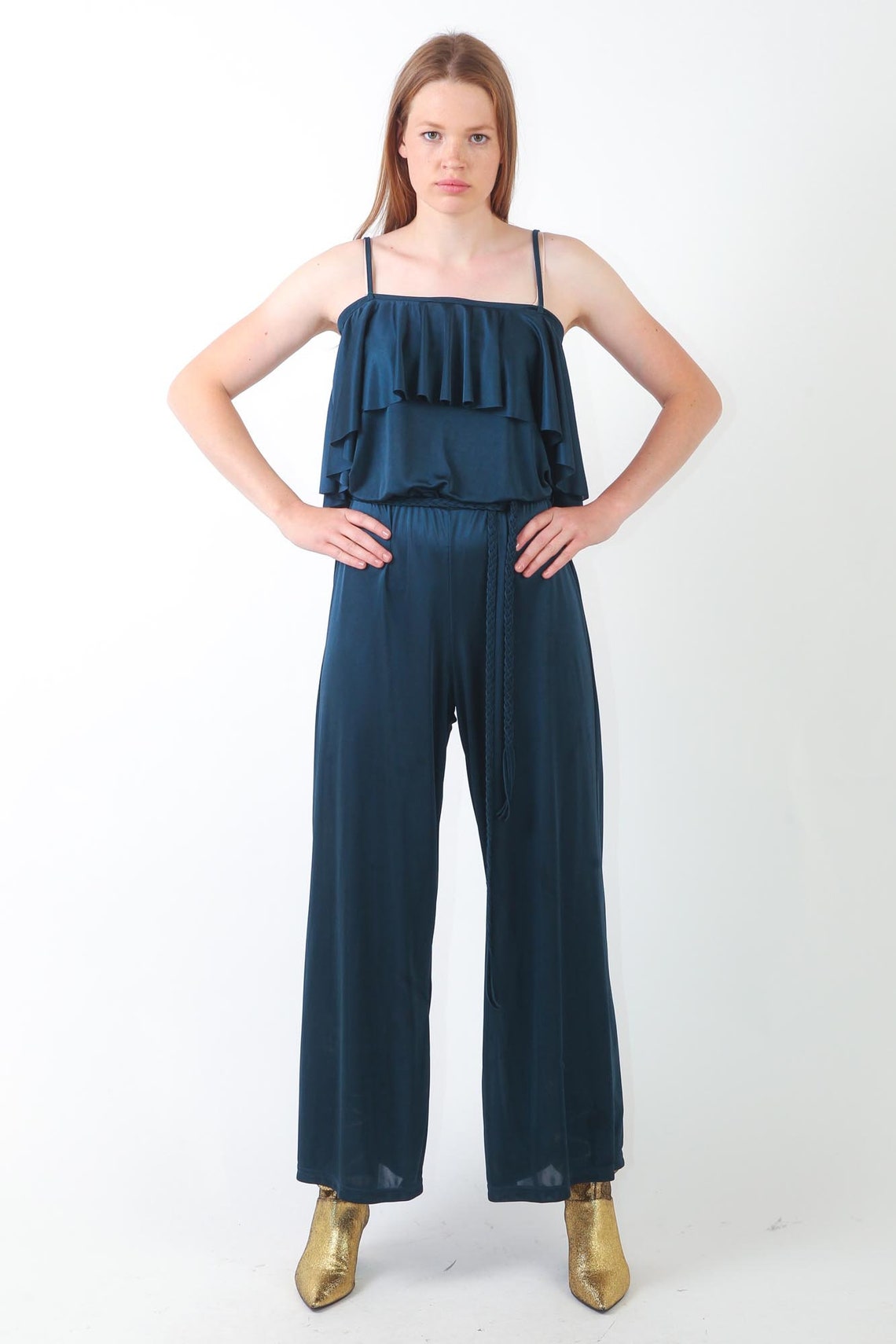 1980s Emerald Green Jumpsuit 80s Vintage Shiny Ruffled Boho Etsy Ireland