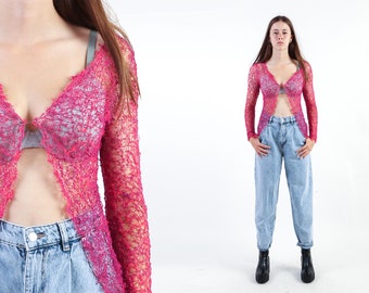 Pink Lace Top Cut Out Cardigan Vintage 00s Magenta Blouse Rave 00s Sheer Shirt Boho Festival 2000s Party Hippie Romantic Long Sleeve Top S M