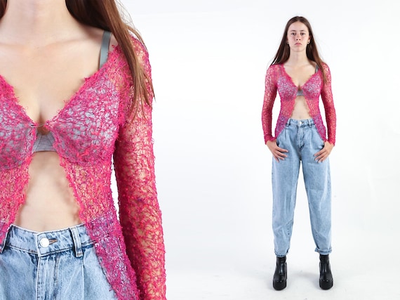 Handmade Pink Lace Cardigan Vintage Y2K Sheer Lace Top Cut Out Long Sleeve Fairycore Rave Festival Coquette Blouse 2000s S M