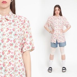 Vintage Pink Floral Blouse 80s Rayon Button Up Shirt Short Sleeve Top Retro Flower Print Shoulder Pads Green Summer 1980s Oversized Large L