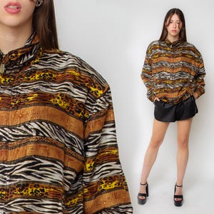 80s Leopard Print Bomber Jacket Zip Up Jacket 1980s Vintage Baroque Gold SILK Hipster Animal Print Retro Anorak Streetwear Windbreaker M L