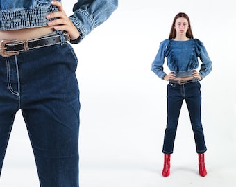 Escada Low Rise Jeans Vintage Y2K Dark Blue Denim Ankle Pants Designer 90s Stretch Capri S M