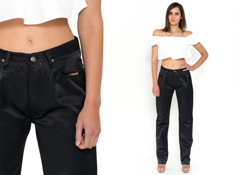 black satin jeans