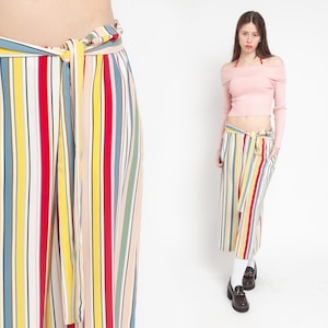 Rood gestreepte palazzobroek vintage capri jaren 90 wijde pijpen geel Y2K boho roze jaren 00 hoog getailleerde boho jaren 90 hipster hippie broek medium L