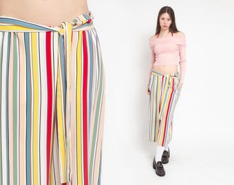 Red Striped Palazzo Pants Vintage Capri 90s Wide Leg Yellow Y2K Bohemian Pink 00s High Waisted Boho 1990s Hipster Hippie Trousers Medium L