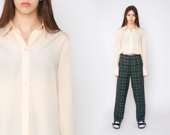 Crèmekleurige semi-transparante blouse, vintage jaren 90, button-up shirt, ivoorkleurig, minimalistisch, ingetogen, luxe kantoortop, Y2K, maat L XL