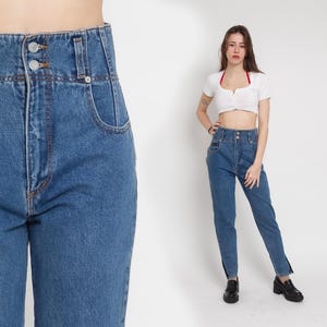 Pantalones vaqueros vintage Wallys de los años 80, de color azul oscuro, con lavado mom, de cintura alta, estilo retro, ajustados, estilo urbano, estilo zanahoria, años 80, talla 30, pequeña, M