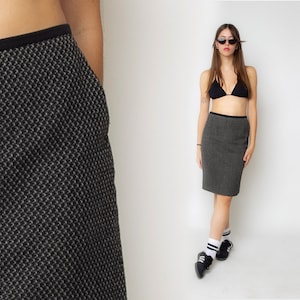 Black and White Tweed Skirt Vintage 90s Pencil Skirt Preppy High Waisted 00s Wiggle Office Secretary 1990s Retro Cocktail Party Midi Skirt L
