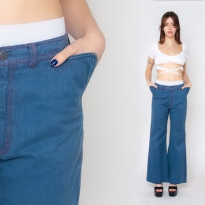 70s Bell Bottoms Denim Pants Hippie Bellbottom Flared Blue Jean Trousers Low Waist 1970s Vintage Festival Seventies Bohemian Trousers S M