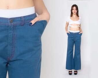 Spodnie jeansowe dzwony z lat 70., hipisowskie dzwony, rozszerzane niebieskie spodnie jeansowe z niskim stanem, festiwalowe spodnie boho z lat 70. w stylu vintage, rozmiar S, M