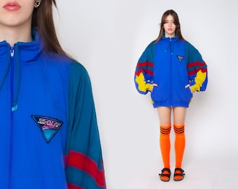 Jaqueta corta-vento vintage color block, jaqueta azul estilo anos 80, jaqueta esportiva oversized, estilo retrô anos 90, vermelha, amarela e verde-água, tamanhos XL e XXL.