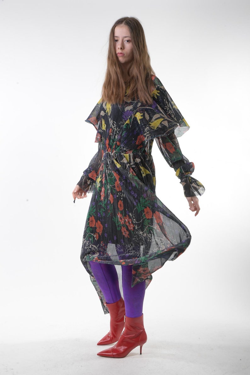 1970s METALLIC Floral Maxi Dress Vintage Purple Disco Garden Party 80s Sheer 70s Hippie Gauze Festival Slouchy Ruffled Bohemian Gown S M image 4