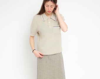 70s Tan Polo Shirt Vintage Textured Knit Top Short Sleeve Preppy Pocket Minimalist Golf Tennis Large