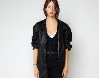 Vintage Black Leather Jacket 90s Oversized Leather Blazer Minimalist Grunge Coat Genuine Leather Utility Jacket Rocker Mens L Womens XL