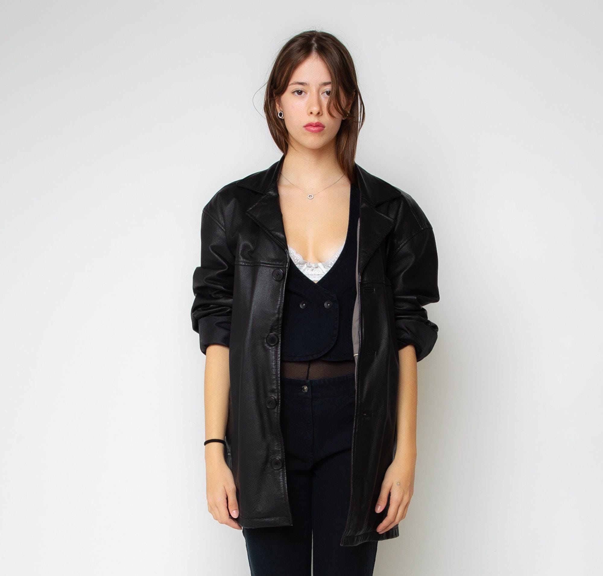 Vintage Black Leather Jacket 90s Oversized Leather Blazer