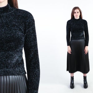 Black Metallic Knit Top Vintage 90s Shiny Sweater Top Fitted Y2K Mock Neck Grunge Pullover Boho Disco Sparkly 1990s Party Crop Jumper Small