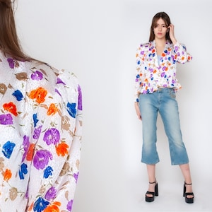 Blazer floral barroco, chaqueta de satén violeta, blazer corto con mangas abullonadas de los años 80, abrigo azul brillante con hombros descubiertos y volantes vintage, años 80, tallas S y M