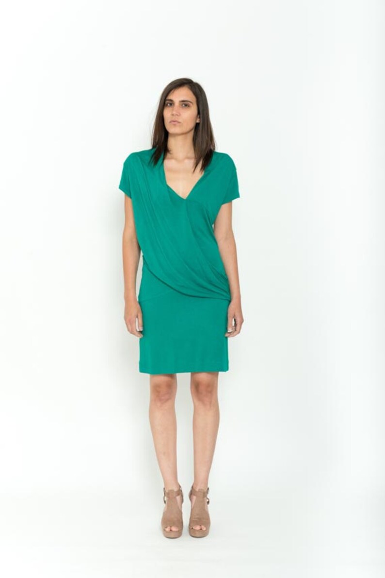 1990s Green Dress Vintage 90s Cocktail Cap Sleeves Asymmetrical Empire Draped Mini Dress Slouchy Summer Pencil Hipster Mini Gown Size M L
