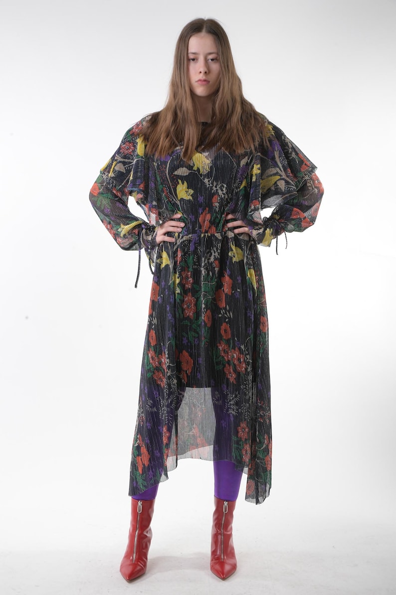 1970s METALLIC Floral Maxi Dress Vintage Purple Disco Garden Party 80s Sheer 70s Hippie Gauze Festival Slouchy Ruffled Bohemian Gown S M image 3