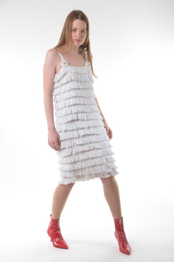 White Flapper FRINGE Dress Vintage 20s Cocktail 60s S… - Gem