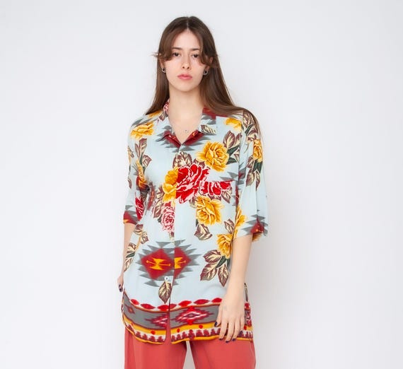 Byblos, Vintage BYBLOS Floral Shirt: 90s Italian Designer Viscose Blouse (M-L-XL)
