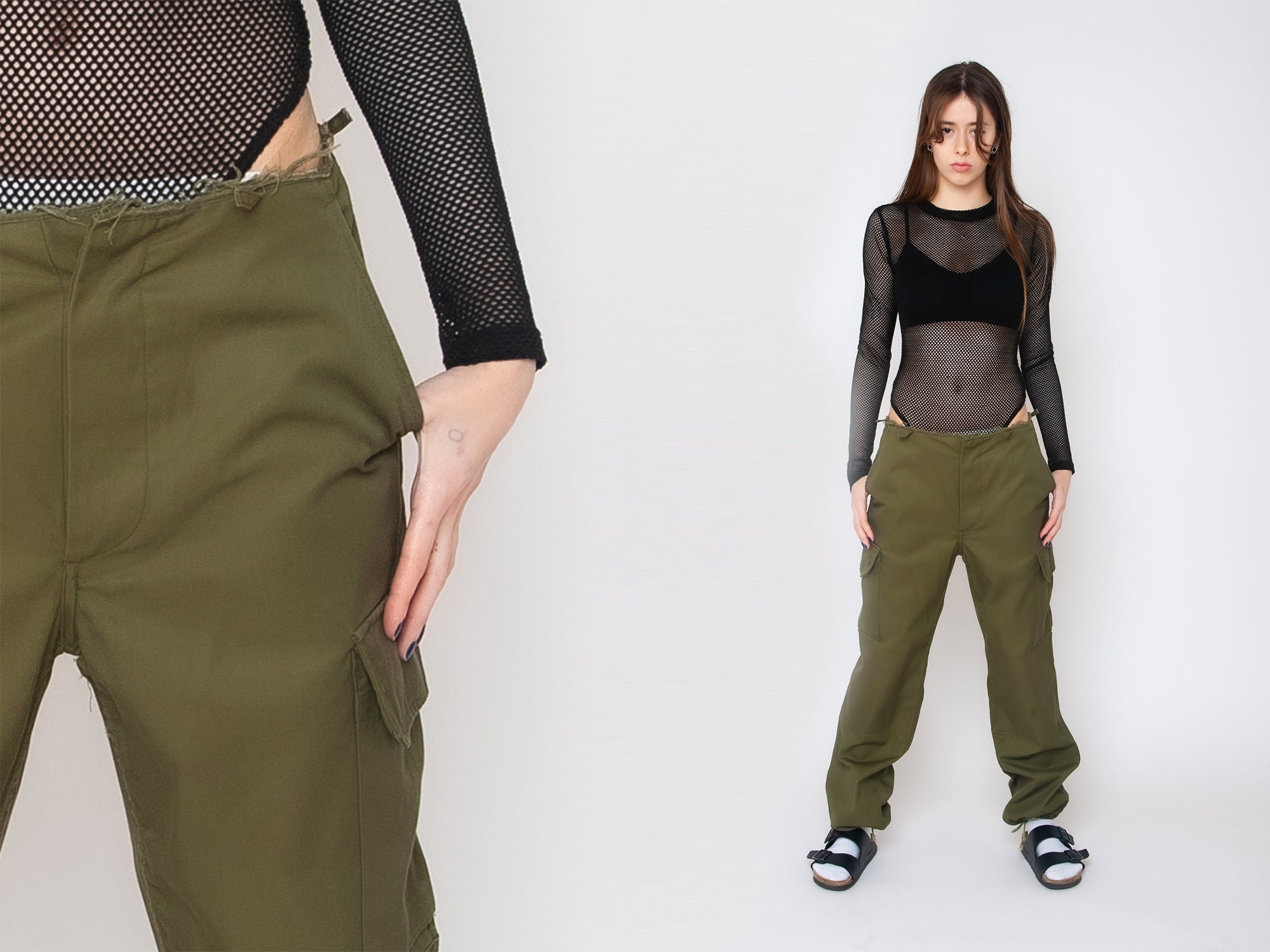 Y2K Utility Cargo Pants Olive Green Military Trousers Wide Leg Mid