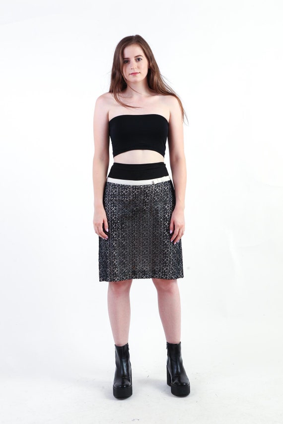 1990s Lace Pencil Skirt Black and White Slit Skir… - image 4