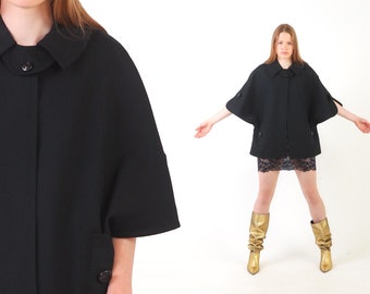 1990s Black Cape - Vintage 90s GUESS Poncho 60s Mod Jackie O Gogo Buttoned Up Boho Peacoat Cocktail Party Shawl Collared Short Coat S M L