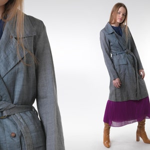 90s Trench Coat Vintage 80s Blue Trenchcoat Button Up High Waist Duster Coat Hipster Boho Raincoat Preppy Mid Lenght Jacket 1990s S M