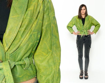 1980s Green Leather Jacket - Vintage 80s Slouchy Oversized Disco Glam Hipster Yoke Dolman Sleeves Biker Boho Cropped Coat Size S M