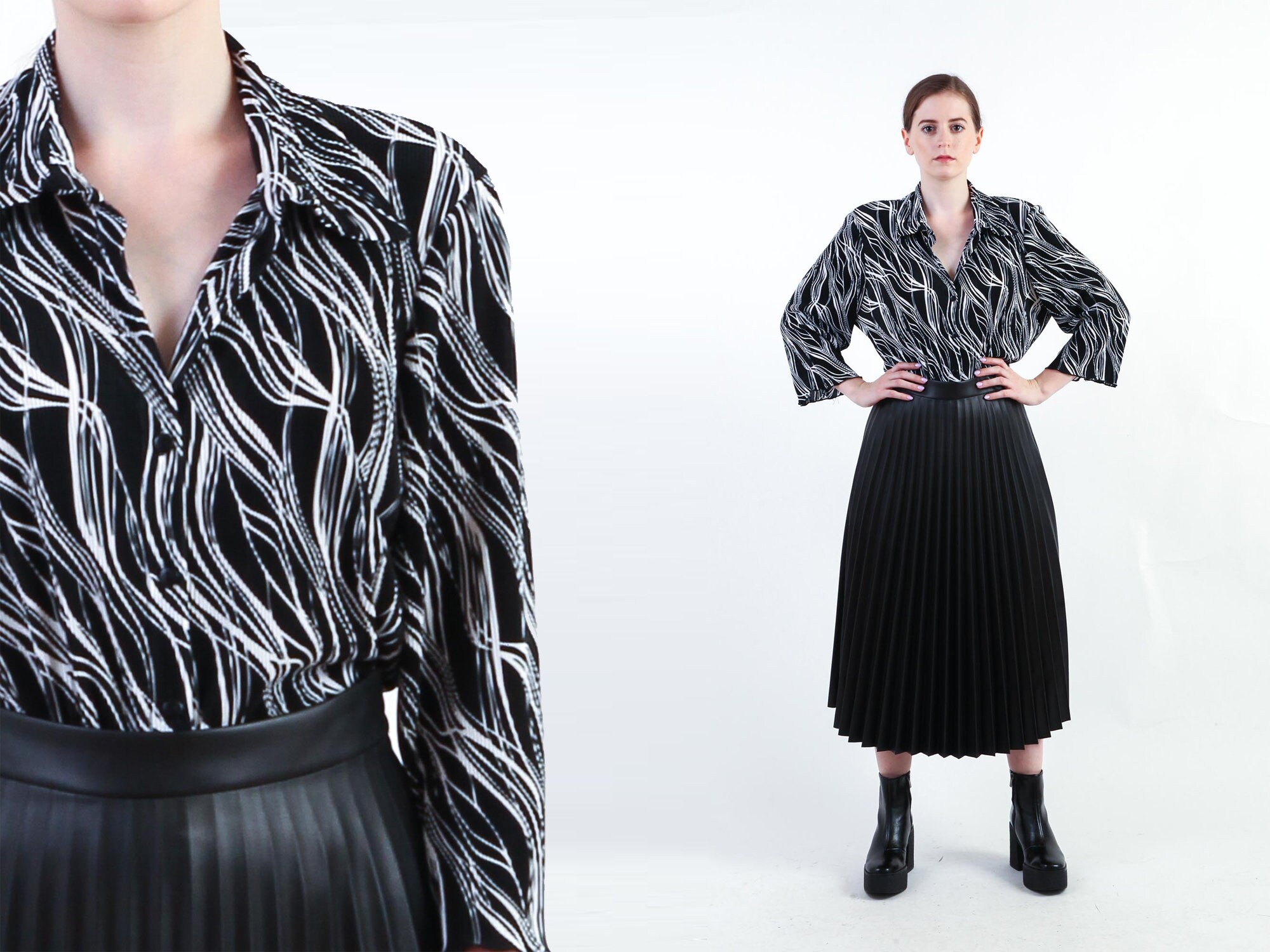 黒と白のブラウス ヴィンテージ 80年代 幾何学模様 ボタンアップ