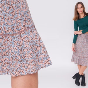 70s Floral Skirt Vintage 1970s Ruffled Brown Pink Blue Summer 80s Cotton Boho High Waist A Lined Hippie Cotton Garden Party Midi Skirt M L