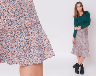 70s Floral Skirt Vintage 1970s Ruffled Brown Pink Blue Summer 80s Cotton Boho High Waist A Lined Hippie Cotton Garden Party Midi Skirt M L