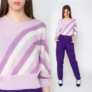 80s Knit Top Color Block Shirt Short Sleeve Sweater Wool V Neck Top Purple Retro 60s Mod Jumper Preppy Striped Pullover Vintage 1980s S M