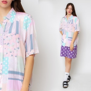 Abstract Print Shirt Tropical Shirt 1980s Floral Shirt Pastel Pink Power Shoulders 80s Geometric Blouse Button Up Shirt Vintage Retro 90s L
