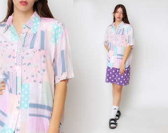 Abstract Print Shirt Tropical Shirt 1980s Floral Shirt Pastel Pink Power Shoulders 80s Geometric Blouse Button Up Shirt Vintage Retro 90s L