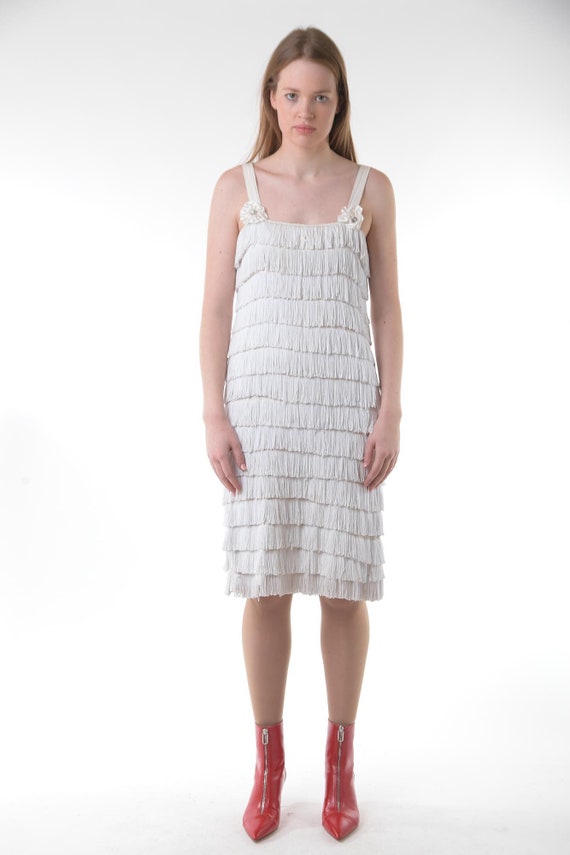 White Flapper FRINGE Dress Vintage 20s Cocktail 60s S… - Gem