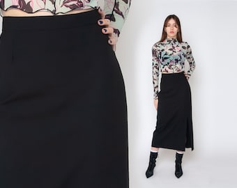 Czarna wełniana spódnica midi w stylu vintage z lat 90., minimalistyczna, ołówkowa spódnica z wysokim stanem, gotycka, ciemna, akademicka, z rozcięciem, cicha, luksusowa, elegancka, biurowa spódnica w dużym rozmiarze
