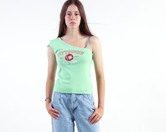 00s Vintage Green One-Shoulder Tank Top: Asymmetric Graphic Print, Fitted Cotton Shirt Medium Large