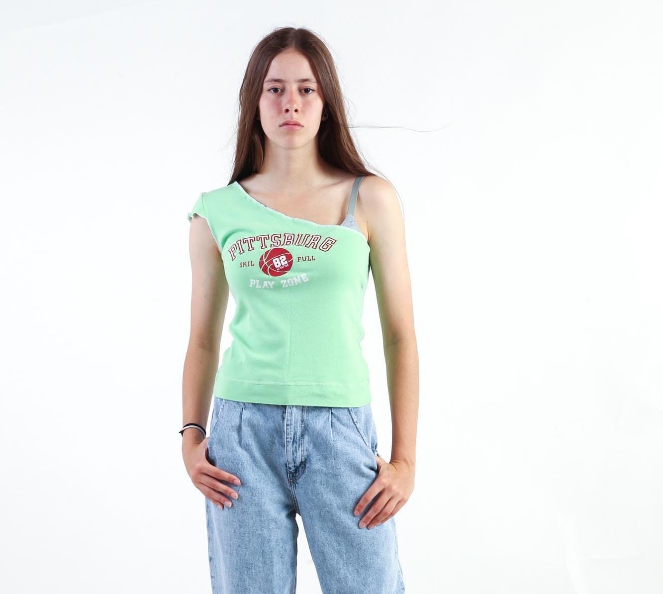 00s Vintage Green One-shoulder Tank Top: Asymmetric Graphic Print