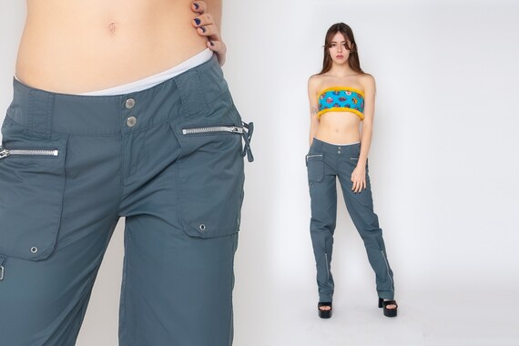Buy Y2K Low Rise Cargo Pants 90s Rave Grey Zippered Trousers 