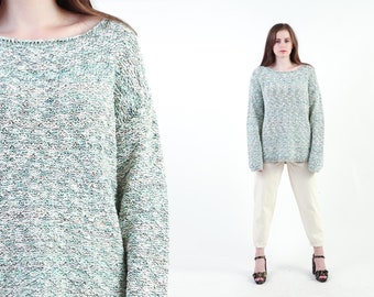 Space Dye Sweater Vintage 80s Mint Pullover Slouchy Boho Knit 90s Hippie Pink Oversized Fall Cotton Blend Green Melange 1990s Jumper S M