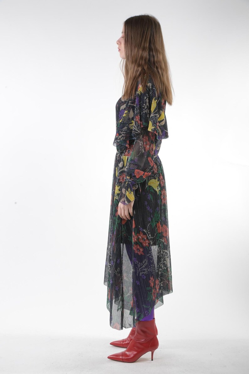 1970s METALLIC Floral Maxi Dress Vintage Purple Disco Garden Party 80s Sheer 70s Hippie Gauze Festival Slouchy Ruffled Bohemian Gown S M image 6