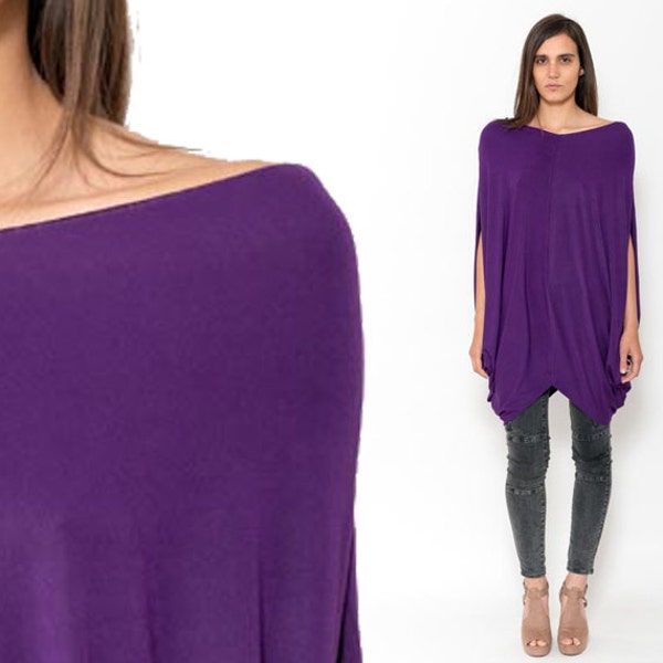 New Purple Mini Dress – Knit Draped Cut Out Cocoon Violet Tent Festival Yoga Jersey Boho Hippie Shirt Cocktail Party Beach Minidress S M L