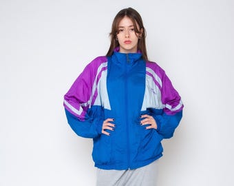 80s Colorblock Windbreaker Blue Purple Shell Jacket Oversized Batwing Track Jacket Vintage Sportswear Zip Up Unisex 1980s Medium Large