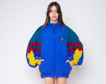 Vintage Color Block Windbreaker Jacket 80s Blue Shell Jacket Oversized Track Jacket 90s Retro Sports Red Yellow Teal XL XXL