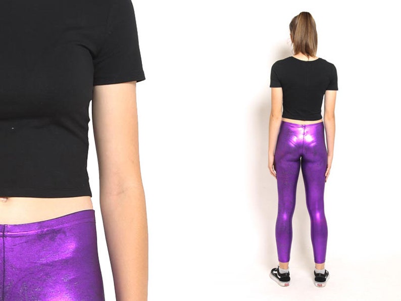 1980s Purple Leggings \u2013 80s Violet Shiny Skinny High Waisted Grunge 70s Disco Pants Madonna Boho Spandex Leggings Size S M