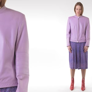 Lilac Escada Jacket 90s Vintage Purple Leather Jacket 1990s ESCADA Pastel Biker Motorcycle Bomber Jakcet Designer Cafe Racer Cocktail Coat L